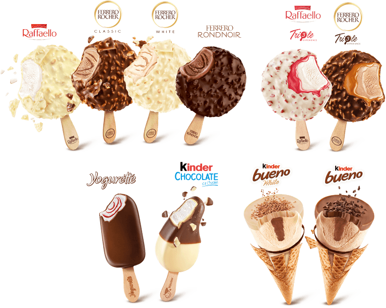Raffaello Eis und kinder bueno Eis und Ferrero Rocher Eis